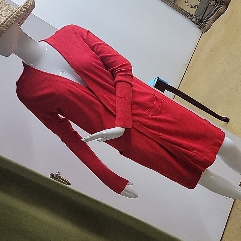 Halogen Viscose Nylon Long Open Red Knit Cardigan Size Medium